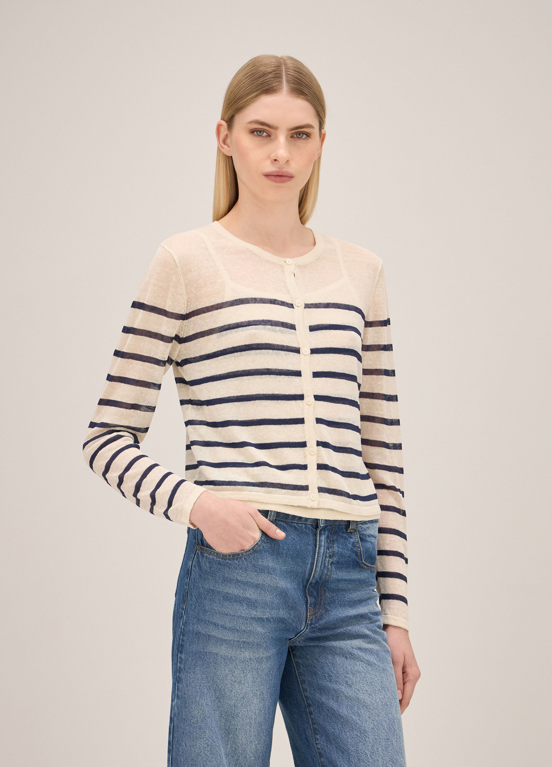 Linen blend striped and knitted cardigan_1