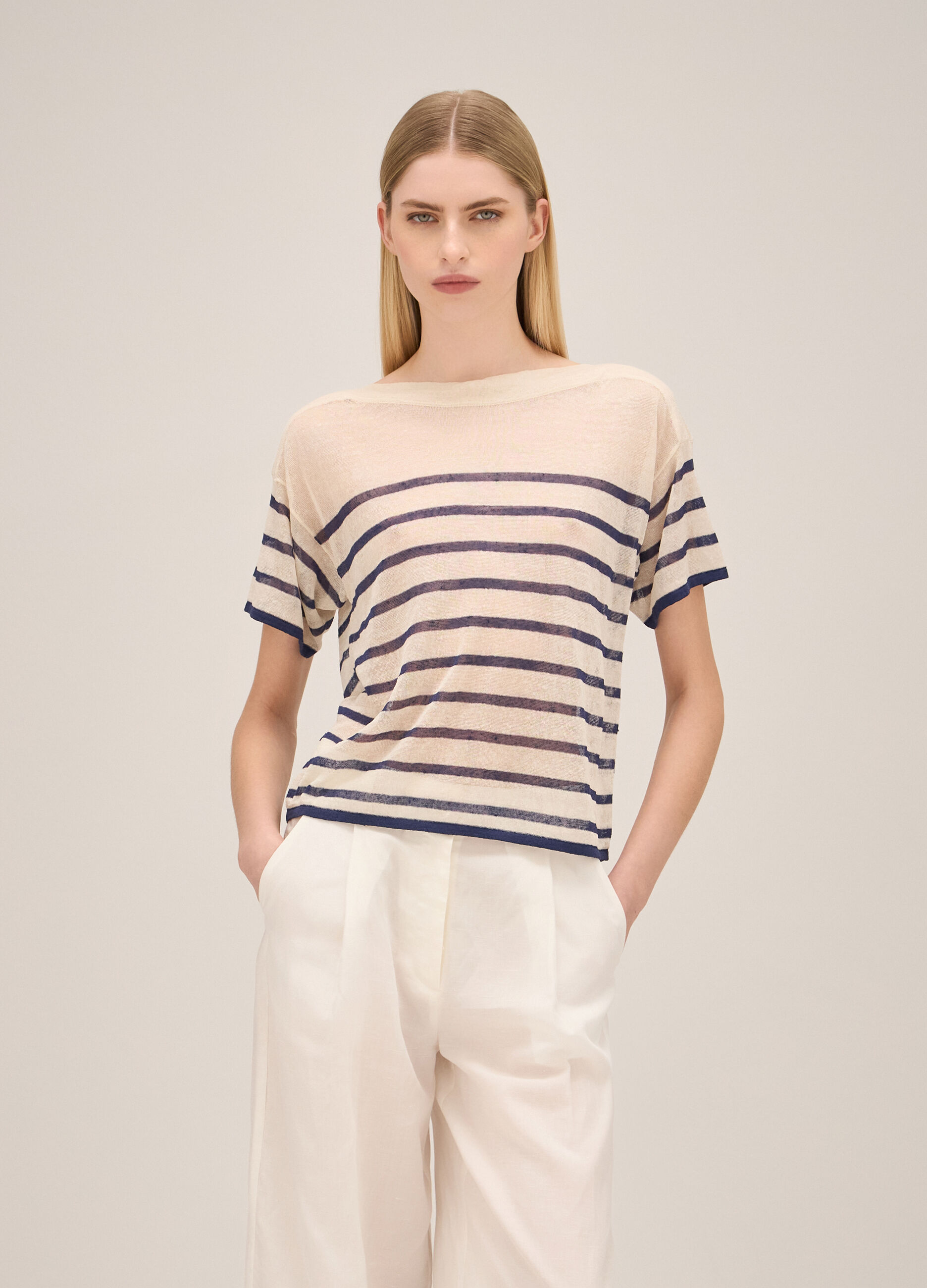 Linen blend striped and knitted top_1