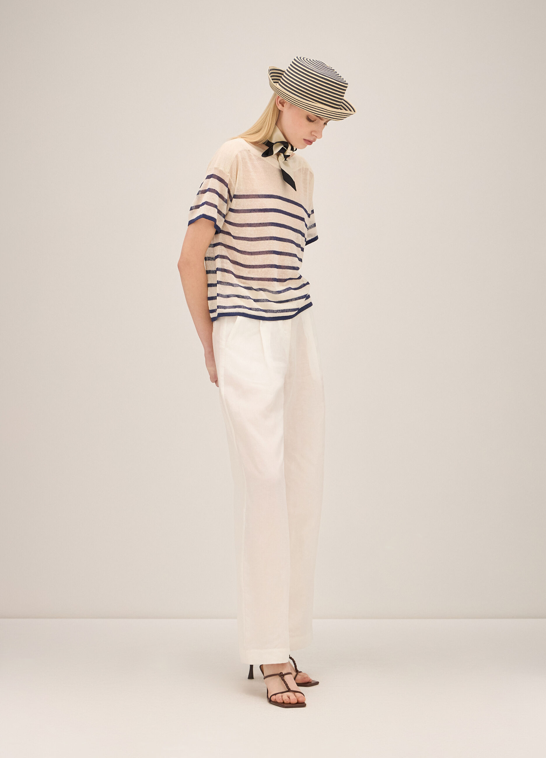 Linen blend striped and knitted top_0